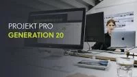 Text PROJEKT PRO Generation 20 und junge Frau arbeitet im Büro.