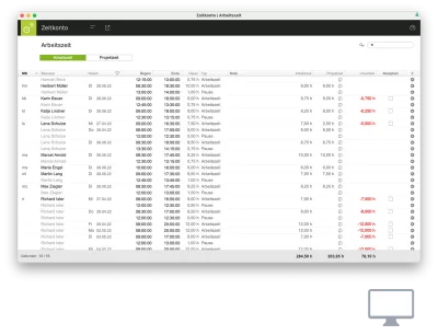 Screenshot Arbeitszeit in PROJEKT PRO.